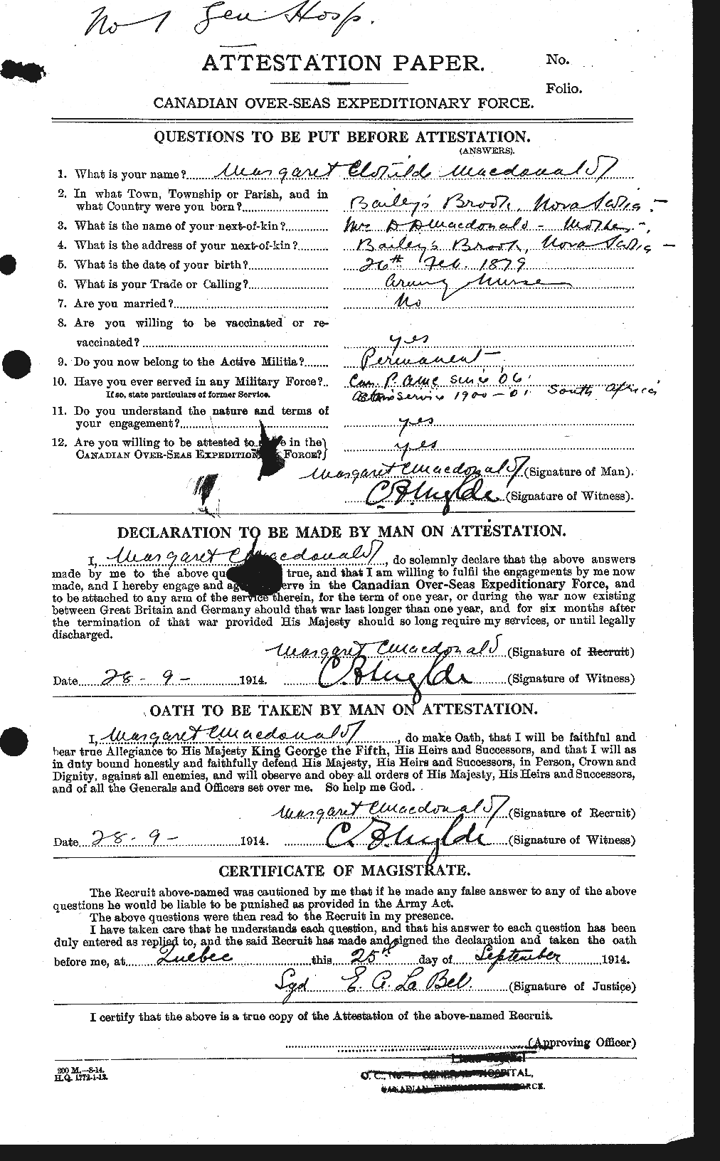 Matron Margaret Macdonald's attestation papers